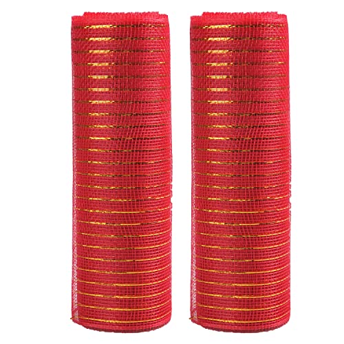 Euvoym 2 Rollos de Cinta de Malla de Poliéster para Decoración Navideña - Rojo, 10 Pulgadas x 10 Yardas - Metálica para Coronas de Árbol