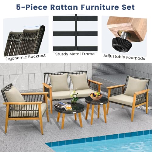 LIFEZEAL Juego de Muebles de ratán PE de jardín, sofá Exterior de 2 plazas con 2 sillones, 2 mesas de Centro, Conjunto de Muebles de conversación para Patio, 3 Cojines y 4 Almohadas - imagen 3
