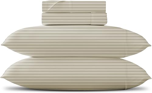 TEXAS LINEN CO. Juego de sábanas de lujo de algodón egipcio a rayas, juego de 4 piezas de fibras extralargas de 600 hilos, sábanas de damasco beige,