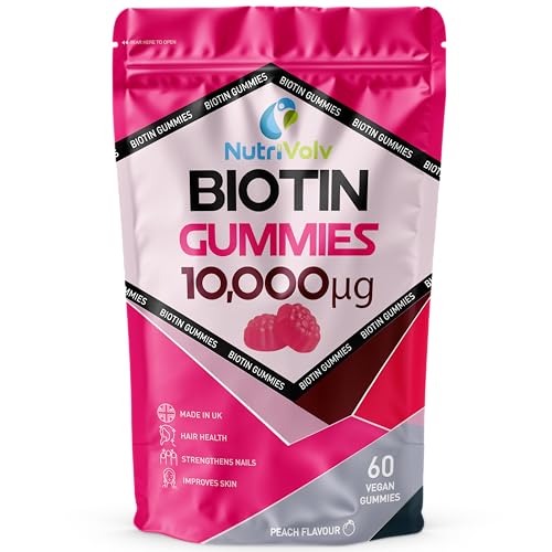 Biotin Gummies 10 000mcg | 60 Vegan Gummies | 60 Day Supply | for Hair Growth & Skin & Nails Health | Natural Peach Flavour | Vitamin B7 Gummies | Gelatine Free | Sugar Free | Non-GMO | by NutriVolv