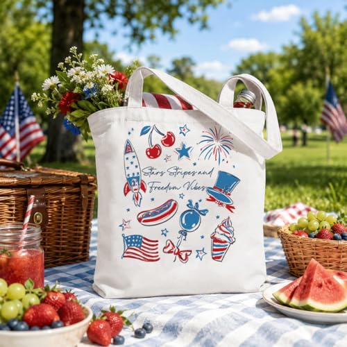 Bolso tote de lona patriótico con estrellas y rayas, regalo para el 4 de julio, ideal para verano, playa y fiestas, 35 x 40 cm miniatura 3