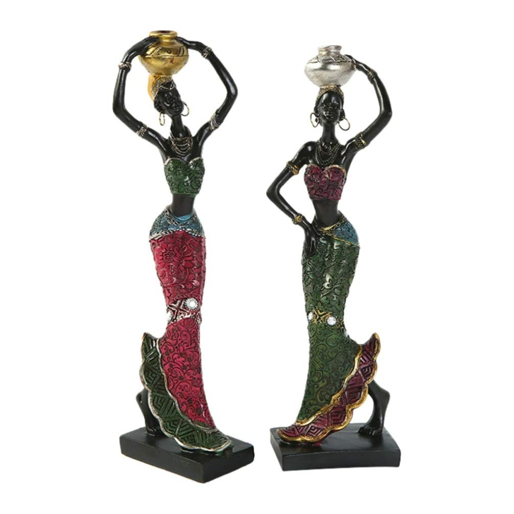 WINOMO 2 Stück Afrikanische Dame Skulptur Stammes Dame Figur Statuen Harz Handwerk Sammlung Statue Vintage Desktop-Ornamente