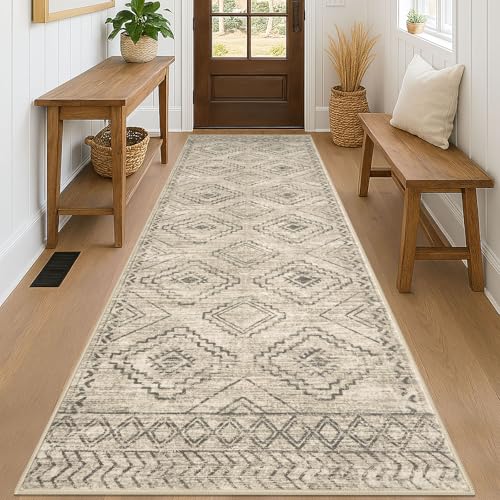 KILOCOCO Hallway Runner Rug 3'x8' Runners for Hallways Washable Runner Rug Non Slip Rubber Backed Low-Pile Runners for Bedroom Kitchen Living Room Laundry Room Boho Rugs, Beige/Gray/Green