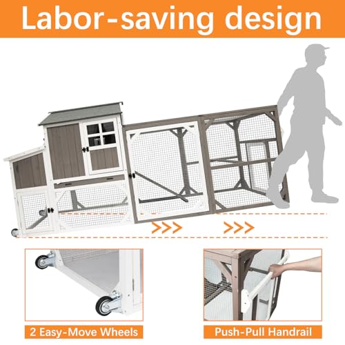 PetsCosset 95.3\" Mobile Chicken Coop Tractor Hen House with Nesting Box,Backyard Chicken Coops Chicken House,2 Story Wooden Indoor Outdoor Poultry Cage for 3-5 Chicken with 6 Access,Pull-Out Tray,Grey