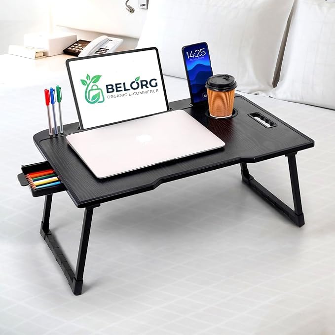 Image of Wood Smart Multipurpose Foldable Laptop Table with Cup Holder, Study Table, Bed Table, Breakfast Table, Foldable and Portable /Ergonomic & Rounded Edges /Non-Slip Legs (Black)