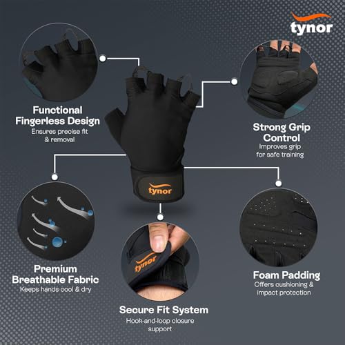 TYNOR Training Gym Gloves Padded Weight Lifting Gloves with Wrist Wrap Extra Grips Adjustable Full Palm Protection Fitness Fingerless Glove for Men & Women, Crossfit, Climbing,1 Pair - Image 4