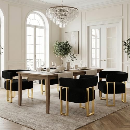 Image of Boucle Dining Chairs Set 4, Black Upholstered Accent Armchairs, Gold Legs