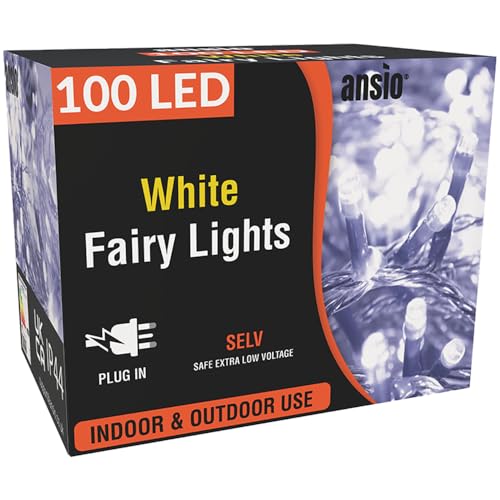 ANSIO® Christmas Lights 100 LED 10m/32ft Christmas Tree Lights for Indoor & Outdoor Cool White Decorations Fairy String Lights for Xmas Garden Bedroom & Party | Mains Powered Clear Cable