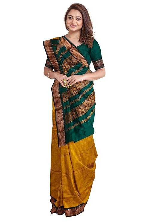Image of Women's Premium Kanjivaram Cotton Silk Saree South Indian Paithani Sari | Gadwal Cotton Sarees Zari Border with Blouse Piece - Elegant Wedding & Festival Saree | Lightweight & Comfortable Gold 01