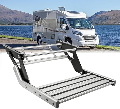 Aluminum Alloy Truck Camper Steps with 12V LED Lights, Folding Non-Slip RV Stairs, Easy Install, Portable, Lightweight, Durable, Single Layer Design