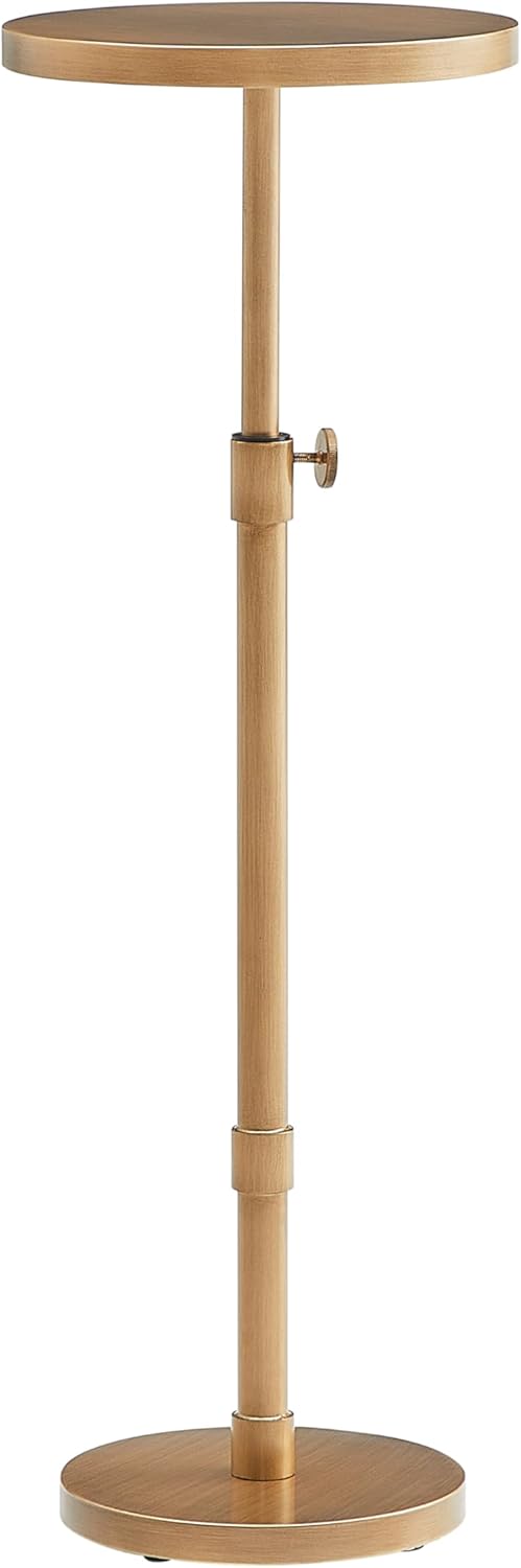 Adjustable Height Accent Table, Antique Brass Metal Side Table with Pedestal Base, 22-30 Inch Adjustable End Table for Living Room, Bedroom or Office (10" Round Top)