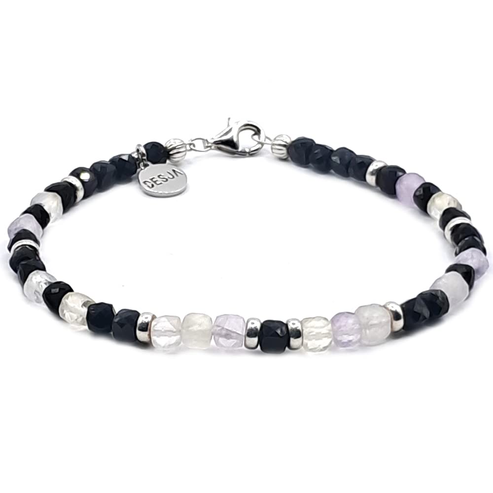Braccialetto uomo donna unisex pietra dura naturale Ametrina e Tormalina distanziatori e chiusura in argento 925 - Asher -