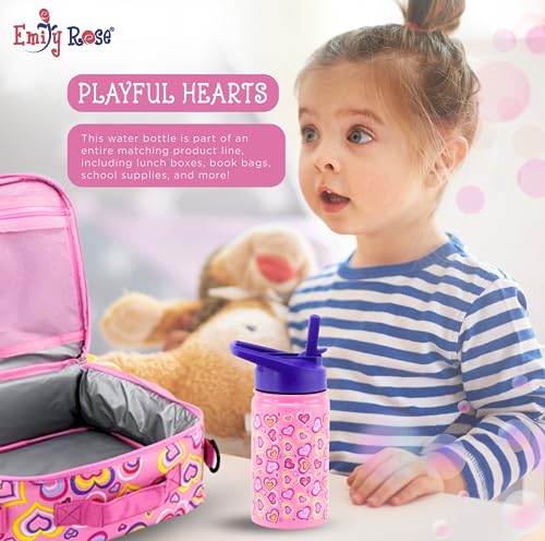 Emily Rose Kids Water Bottle | 12 Ounce Insulated Water Bottle For Kids | Bpa Free Stainless Steel Bottle For Travel And School | Leak Proof Kids Water Bottle With 2 Straws (Playful Hearts Design) #TOP5