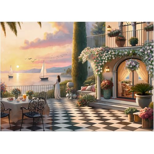 Puzzles for Adults 1000 Pieces, Rocorose Sunset Courtyard Puzzle Sea Landscape Challenging Family Puzzles for Gift Game Night Fun Activity Christmas Home Decor