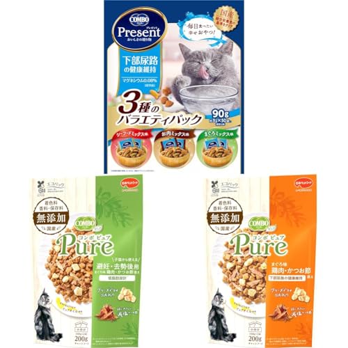 【セット買い】コンボ プレゼント キャット おやつ 【かりかりドライ】 【国産】 【小分包装】下部尿路の健康維持 90g 3種のバラエティパック + コンボピュアキャット避妊・去勢後用【無添加素材使用】【国産】【小分包装】まぐろ味・鶏肉・かつお節添え200
