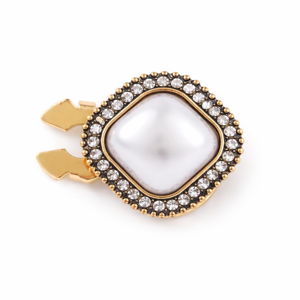 AlankritParis Gold Tone Pearl Button Cover with Crystal Border, Clip-On Decorative Shirt Button Accessory for Women-picture-50