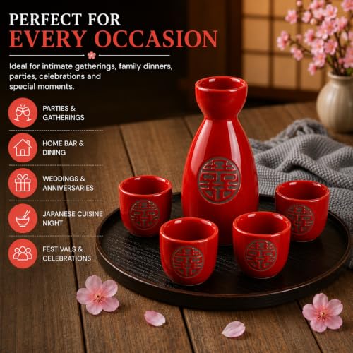 Image of Japanese Ceramic Sake Set - 5 Piece Crimson Red Design Porcelain Sake Set with 1 Sake Bottle (Tokkuri) & 4 Sake Cups | Japanese Wine Set for Drinks, Shochu & Home Bar | House Warming | Gift Set