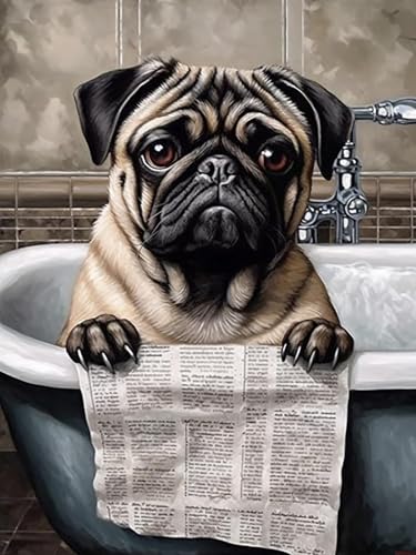Kit de peinture diamant carlin chien rigolo, canevas strass broderie diamant salon et wc 30x40cm