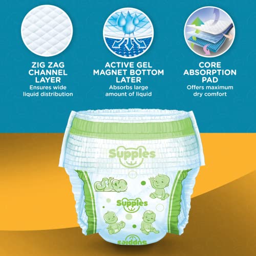 Image of Amazon Brand - Supples Comfy Diapers, Medium (M), 34 Count, 7-12 Kg, 10 hrs Absorption and Cottony Soft Material Baby Diaper Pants