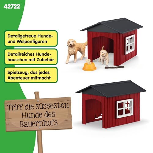 schleich Farm World | Hundehütte mit Golden Retriever Hündin und Welpen 42722 | Set inkl. Hütte, 2 Hunde & Zubehör | Geschenk für Jungen und Mädchen | Bauernhof Spielzeug ab 3 Jahren | 9 Teile