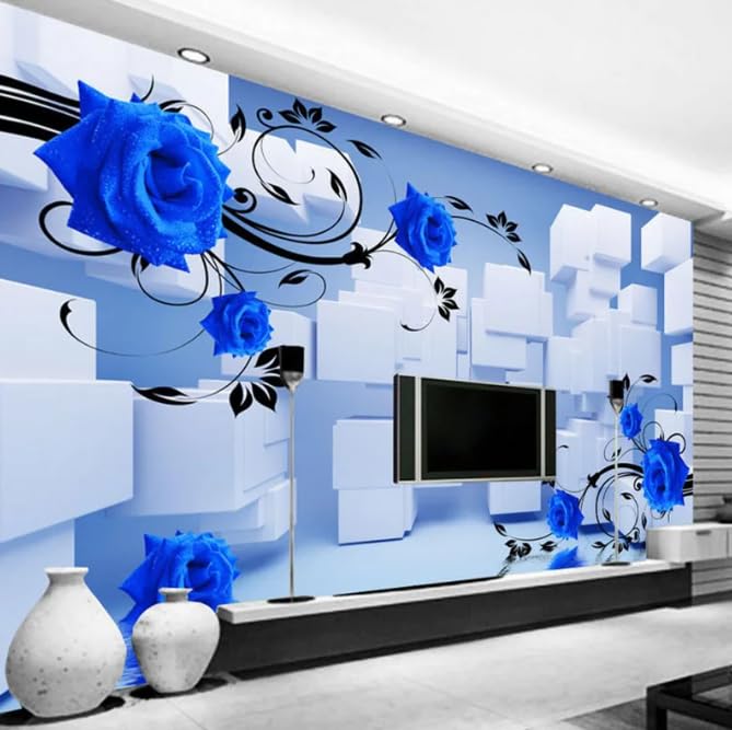 Papier peint 3D relief bleu fleur pour masquer un mur nu et donner du volume - 2