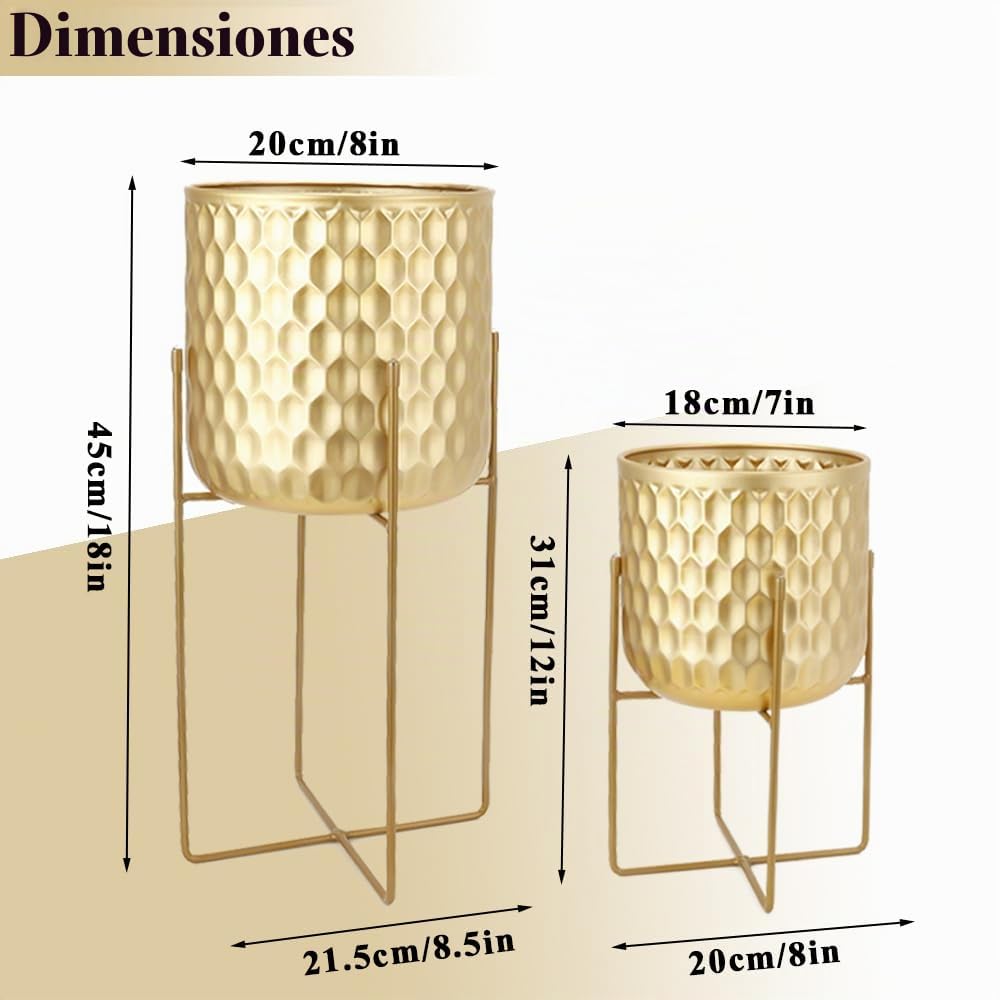 TRIROCKS Set de 2 Maceteros Metálicos Modernos con Soporte 31 cm y 45 cm Altos, Macetas para Uso Interior/Exterior, Decoración de Cocina, Sala, Jardín y Balcón (Oro)