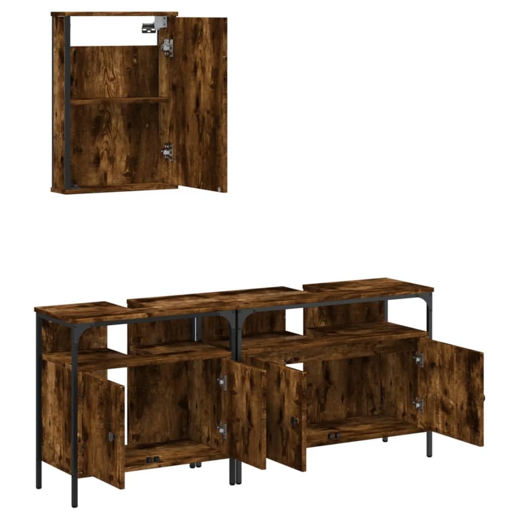 3-TLG. Badmöbel-Set Räuchereiche Holzwerkstoff mit Waschbeckenunterschrank und Spiegelschrank, viel Stauraum, platzsparendes Design, klare Spiegelglasfläche für Make-up und Rasur,