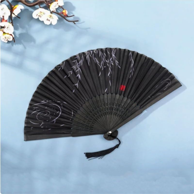Black Folding Fan Willow Water Print Chinese Handheld with Tassel for Decoration Daily Use(D)
