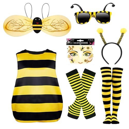 VerLuky Disfarce de abelha para adulto, disfarce de abelha mulher, acessórios de disfarces abelha com asas antena diadema autocolantes óculos de sol luvas meias para carnaval cosplay animais festa