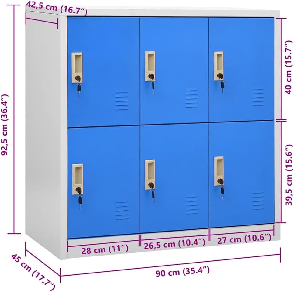 Steel Locker Cabinet Light Grey and Blue Medium Storage Cabinet with 6 Lockers, Office Storage Cupboard, Vertical Locker for Dorm or Staff Use