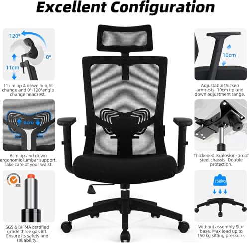 Daccormax Bürostuhl Ergonomisch, Schreibtischstuhl mit Verstellbarer Kopfstütze, Armlehnen, Lendenwirbelstütze… – Ansicht 6
