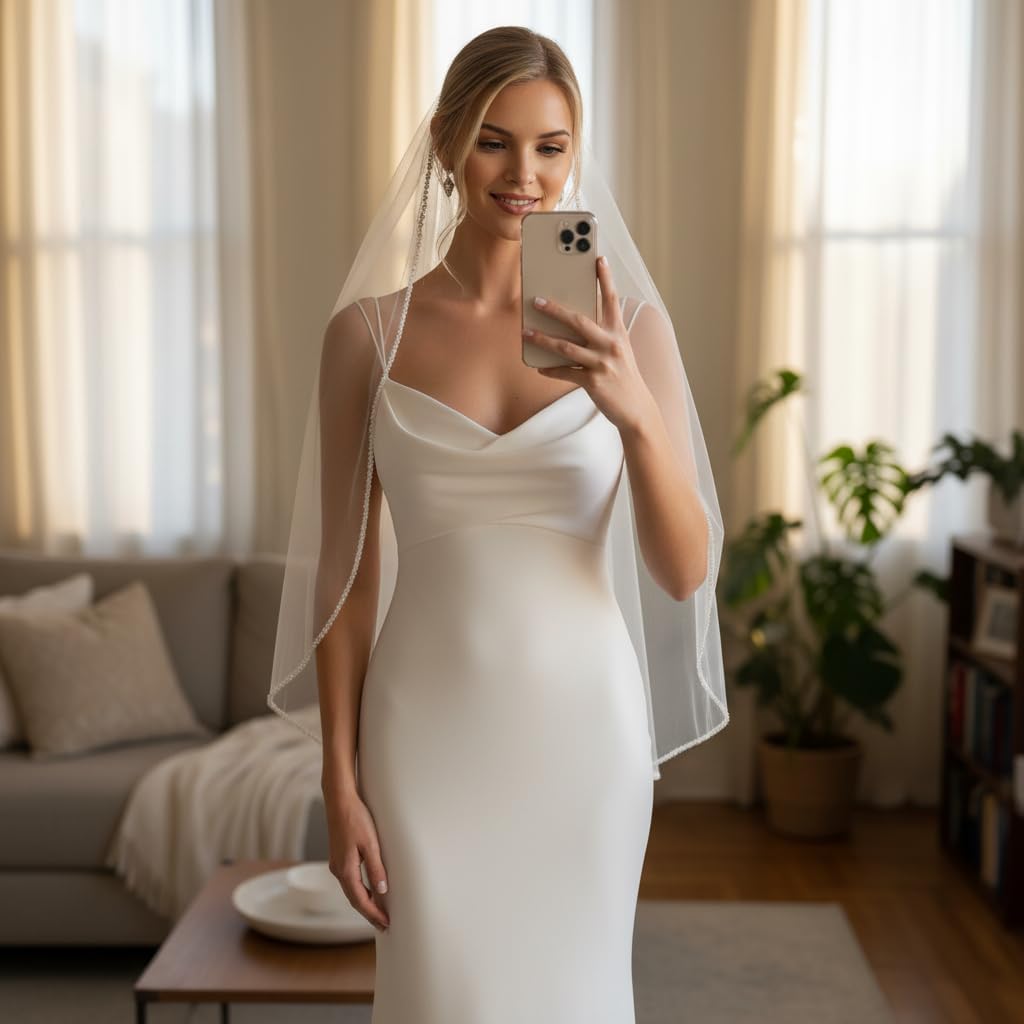 Wedding Veil for Bride 1 Tier Bridal Veil with Crystals Beaded Edge for Women and Brides - Image 5