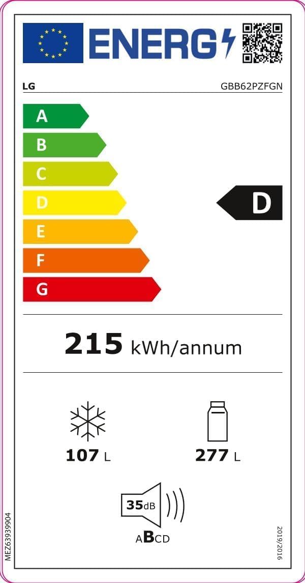 Energy label for LG GBB62PZFGN refrigerator, showing energy class D and annual consumption.