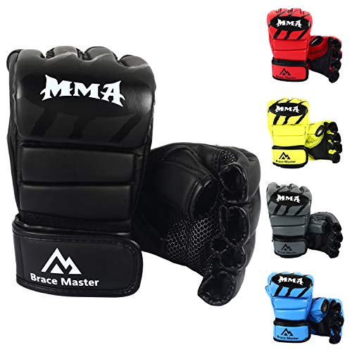Brace Master Gants MMA Gants UFC Cuir Plus de Rembourrage pour Hommes Femmes Protection du Poignet, Gants d'entraînement sans Doigts pour la Formation, Arts Martiaux Mixtes (Nouveau Noir, L)