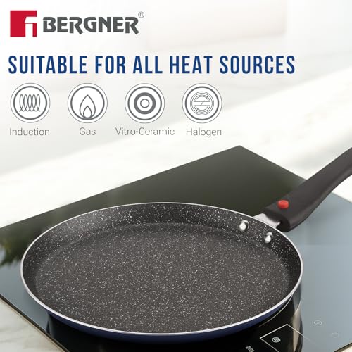 Image of Bergner Sherry Plus 5-Layer Non-Stick Coating 6 Pcs Cookware Set with Induction Bottom and Detachable Handle, 24cm /2.5L Kadai with Lid, 24cm /1.6L Frypan, 25cm Dosa Tawa, 2 Nylon Spatulas (Navy Blue)