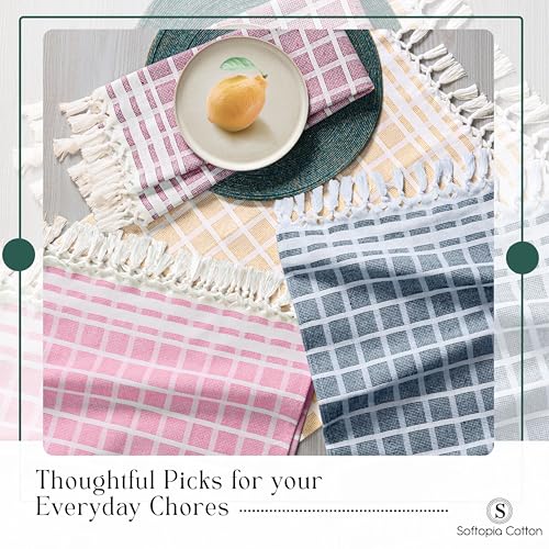 Image of Matrix Dobby Kitchen Towels Set of 4, 100% Cotton, Combo Pack, 16 inchx26 inch, Absorbent Tea Towels with Tassels, Reusable Cleaning Cloths - Rose Pink, Burgundy, Mustard Yellow, Grey