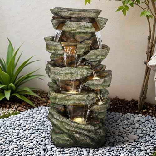 Image of SunJet 59 inch High Multi-Tiers Cascading Rock Outdoor Water Fountain with LED Lights - Large Outdoor Fountains and Waterfalls for Garden or Patio, Yard, and Deck Decor, Featuring Natural Stone Look