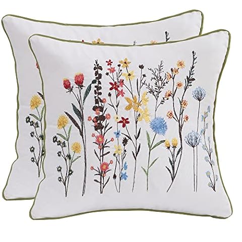 Tosleo Wildflower poszewki na poduszki 45 x 45 cm, zestaw 2 kwiatów, haftowane dekoracyjne poszewki na poduszki, styl wiejski, dekoracja domu, kwadratowa kwiatowa poszewka na poduszkę