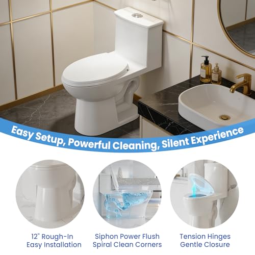 Inodoro de una pieza IDEALHOUSE HDC6391HE, altura alta cumpliendo ADA, doble descarga 0.8/1.28 GPF, asiento suave PP, entrada de 12 pulgadas, cerámica blanca miniatura 4