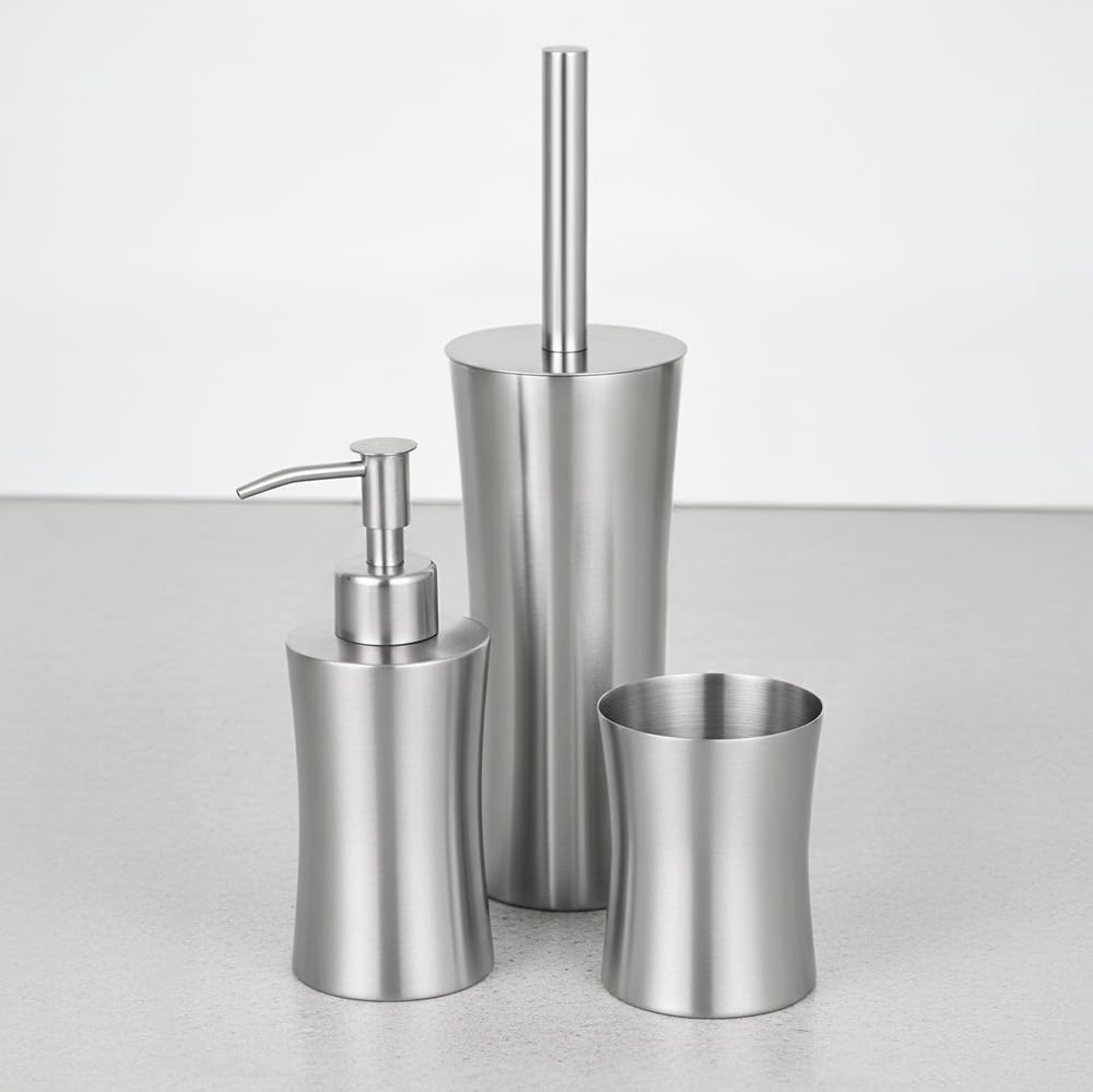 Set Accessori Bagno 2 Pezzi In Acciaio Inox Satinato – Dispenser Sapone Liquido 280 Ml E Bicchiere Porta Spazzolino – Linea Lunar