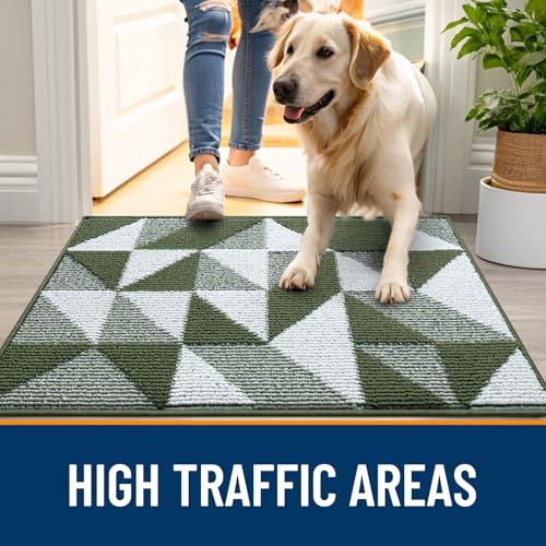 Image of OLANLY Door Mat Indoor Entrance Washable 32x20, Odor-Free Low-Profile Front Back Geometric Doormat, Absorbent Resist Dirt Entry Carpet, Easy to Clean Sturdy Inside Floor Mats for Entryway, Green