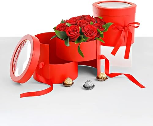 Miniatura 1 de UNIKPACKAGING Caja de flores redonda de alta calidad, 2 niveles, tamaño 7.8 de diámetro x 7 pulgadas, para arreglos florales de estilo de lujo (rojo)