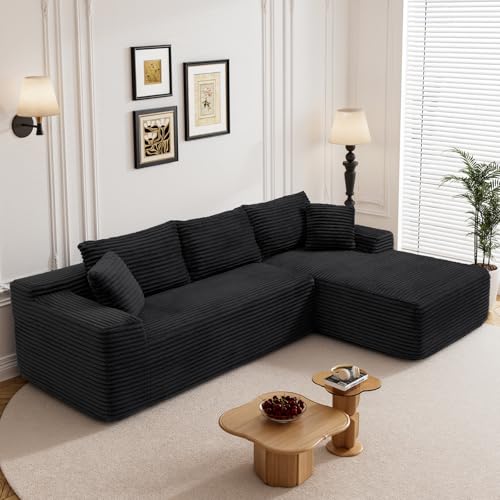 Image of 95 inch L Shaped Boneless Sectional Couches, Wide Armrest, Deep Seat, Memory Foam, Assembly Free, Modern Comfy Corduroy Fluffy Cloud Sofa with Right Chaise for Living Room, Small Spaces, Black