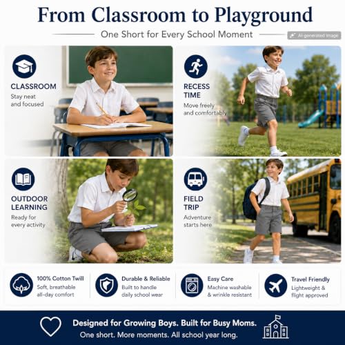 Image of Bienzoe Boys School Uniform Shorts: Flat Front Cotton Bermuda - Adjustable Waist - Breathable for Church Outdoor - Aged 4-13