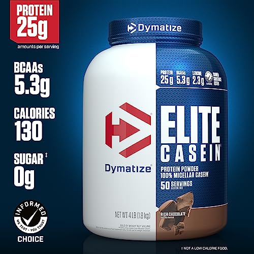 Image of Dymatize Elite Casein Protein Powder, Chocolate, 100% Micellar Casein, 25g Protein, 5.4g BCAAs, 2.3g Leucine, Slow Absorbing for Overnight Muscle Recovery, 4 lb (50 Servings)