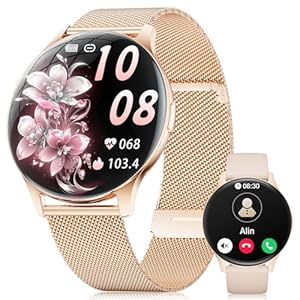 2026 Smartwatch Damen mit Telefonfunktion, 1, 43 zoll Amoled Touchscreen Fitnessuhr Damen mit 120+ Sportmodi, Herzfrequenz, SpO2... Wasserdicht Sportuhr für Android iOS, Gold