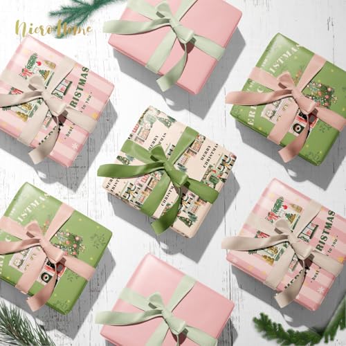 NICROHOME EUR 24 folhas de papel de seda de Natal, papel de embrulho verde sálvia rosa com estampa d