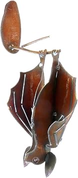 Hanging Metal Garden Bat Sculpture, American Handmade Open Wings, Facing Left in Rusty Brown