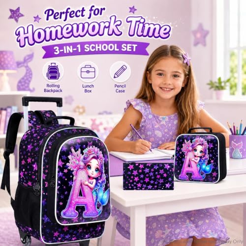 Image of CCJPX 18 inch Mermaid Rolling Backpack for Girls, 3Pcs Kids Wheeled Bookbag with Lunch Box, Lightweight Roller School Bag for Elementary Preschool (Black)