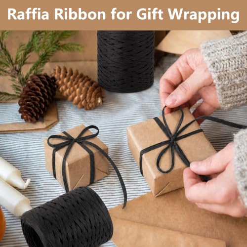 Image of BEVTEE 436 Yards Raffia Yarn for Crochet, Ribbons for Crafts, Black